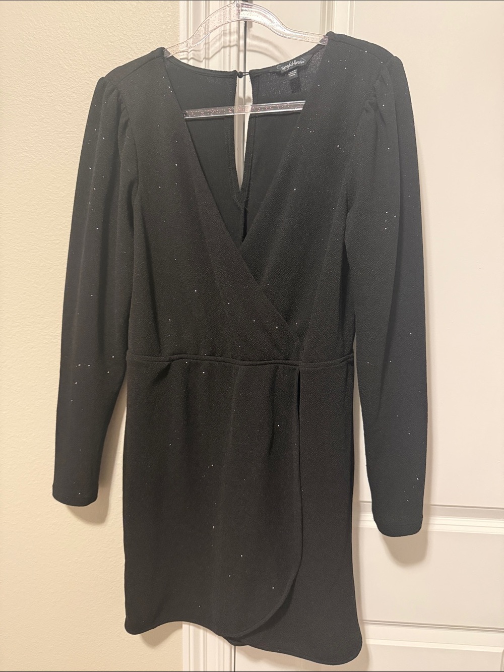 Speechless Black Sparkle Long Sleeve Wrap-Front Dress